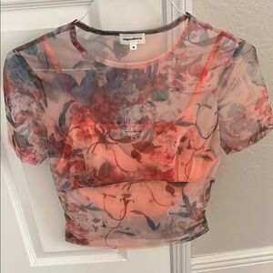 Superdown Pink Sheer Crop Blouse